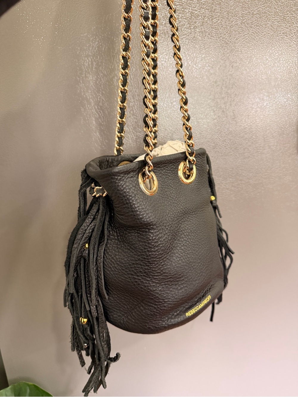 Rebecca Minkoff Black Leather Fringe Bucket Bag with Gold Chain - Picture 3 of 14